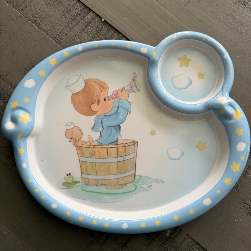 VINTAGE PRECIOUS MOMENTS Kids Bath Time Plate with Blue and Yellow Stars